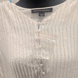 BOSTON PROPER All Over Pearl Embellished White Chiffon Top XXS